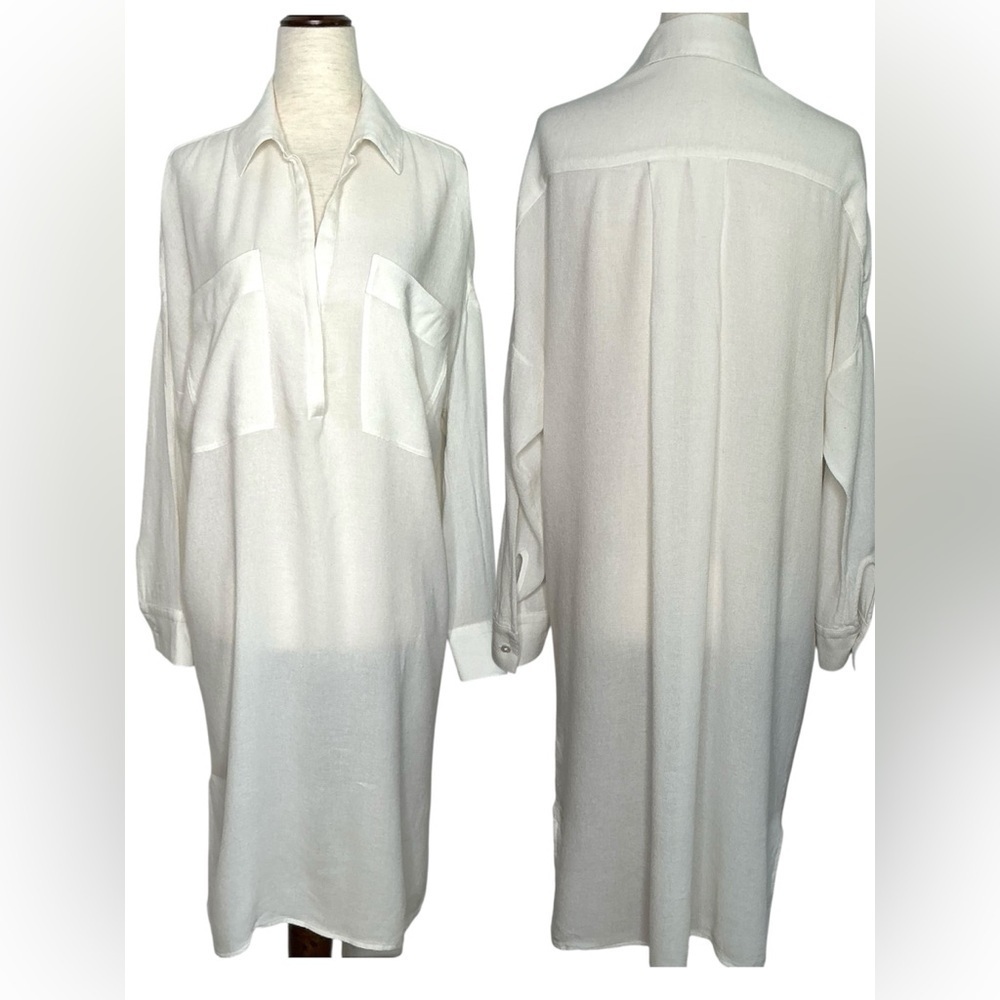 James Perse Pull Over Patch Pockets White Shirt Dress Collar Long Sleeve Size 1